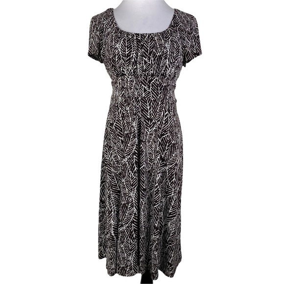 Connected Apparel Leaf Pattern Empire Waist A-Line Midi Dress Women's 8 Brown - Picture 1 of 10